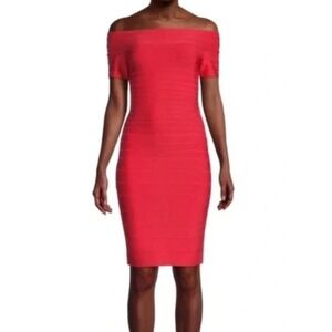 Herve Leger Off The Shoulder Bodycon Coral Poppy Dress XS